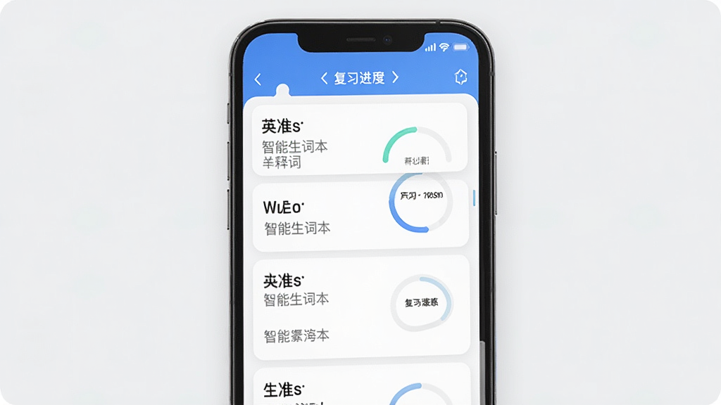 英准学智能生词本功能演示图,主体为手机屏幕,布局展示生词列表与复习进度环,排版采用卡片式设计,风格清新简洁,细节展示单词与释义的对应关系,画质干净无多余元素