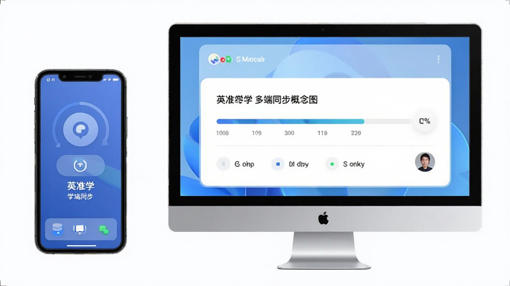 英准学多端同步概念图,主体为手机与电脑屏幕并列展示,布局左右分屏,排版展示相同的学习进度数据,风格现代简约,细节显示同步图标与账号头像,画质干净无多余元素