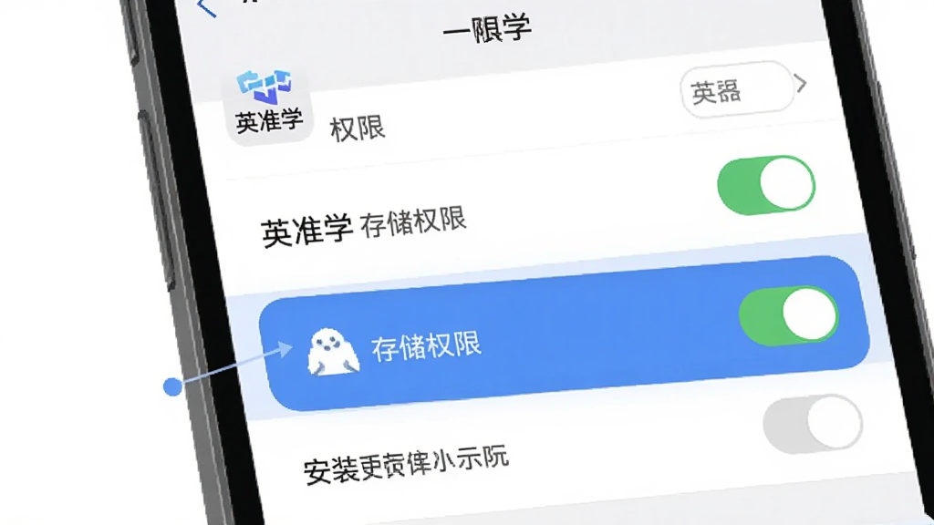 英准学安装权限设置示意图,主体为手机屏幕设置界面,布局展示权限管理列表,排版突出存储权限开关,风格扁平化,细节显示英准学图标与权限开关状态,画质干净无多余元素