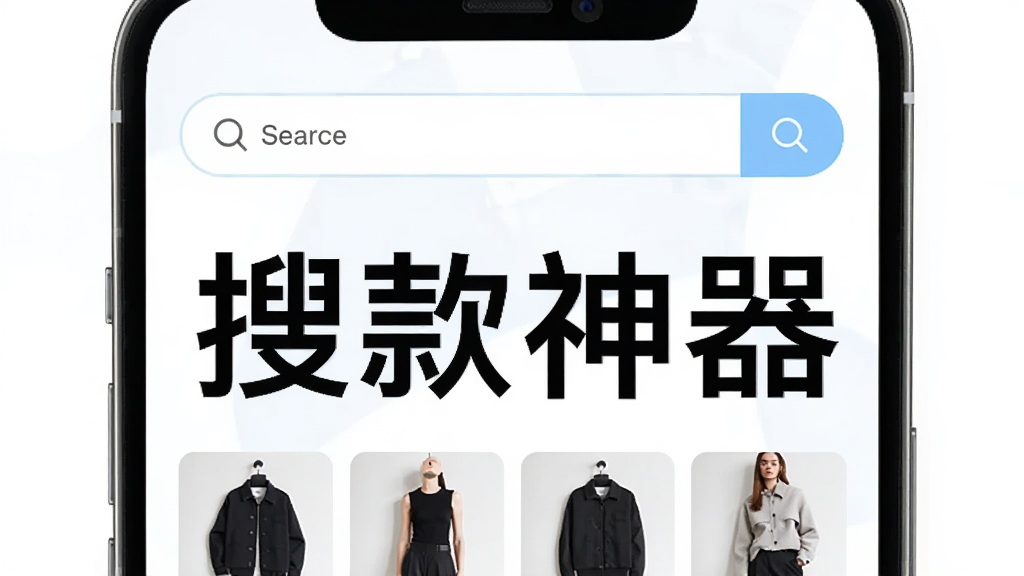 搜款神器应用主界面展示,手机屏幕中呈现简洁的搜索框和服装款式瀑布流,画面中央是「搜款神器」四个大字标题,整体布局清晰,风格现代简约,白色背景搭配浅蓝色点缀,画质干净无多余元素