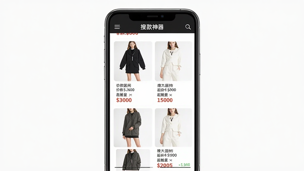 搜款神器货源信息页面展示,手机屏幕中显示某款服装的多个货源列表,包含价格区间和起批量信息,顶部有「搜款神器」导航栏,布局清晰,风格简洁实用,画质干净无多余元素
