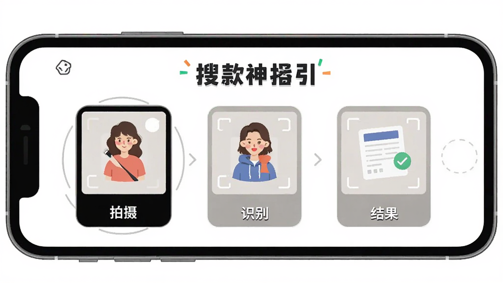 搜款神器新手操作指引界面,手机屏幕中显示拍照搜款的步骤示意图,包含「拍摄」「识别」「结果」三个步骤图标,画面中有「搜款神器」文字标识,风格扁平化设计,布局清晰,画质干净无多余元素
