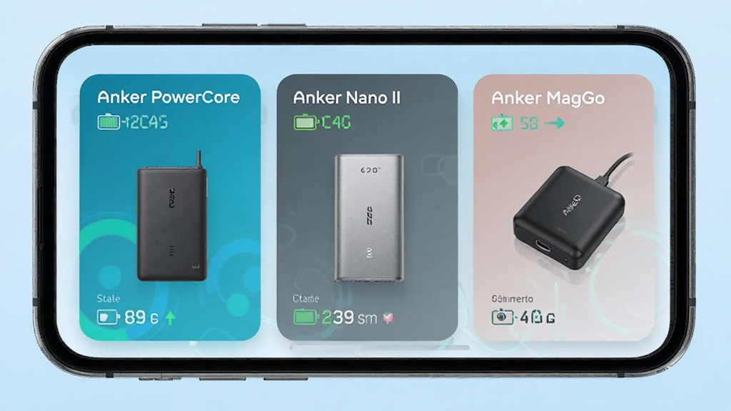 ������չʾһ���ֻ����棬���������������豸��Ƭ���ֱ��ע��Anker PowerCore������Anker Nano II���͡�Anker MagGo����ÿ����Ƭ��ʾ����������״̬��������ǳ��ɫ���䣬���Ƽ��У�ϸ�ھ��£����ʸɾ��޶���Ԫ��