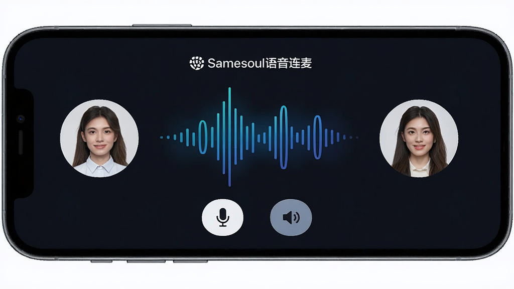 一张展示Samesoul语音连麦功能的图片,主体是手机横屏界面,布局为左右两侧各有一个圆形头像,中间是声波跳动的动画效果,底部是麦克风和扬声器开关按钮,排版对称,风格科技感十足,细节上声波用蓝色渐变线条表示,背景深色,画质干净清晰,无多余元素