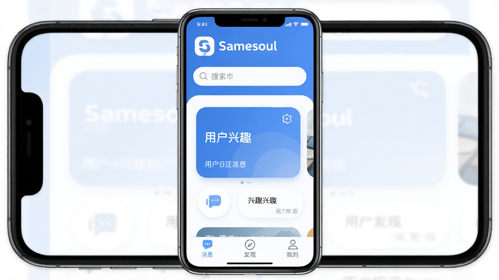 一张手机屏幕展示Samesoul应用主界面的图片,主体是手机正视图,布局为顶部显示Samesoul的Logo和搜索栏,中间是卡片式滑动的用户兴趣标签展示区,底部有消息、发现、我的三个导航图标,排版简洁居中,风格现代扁平化,细节上色调以蓝白为主,圆角设计,画质干净清晰,无多余元素
