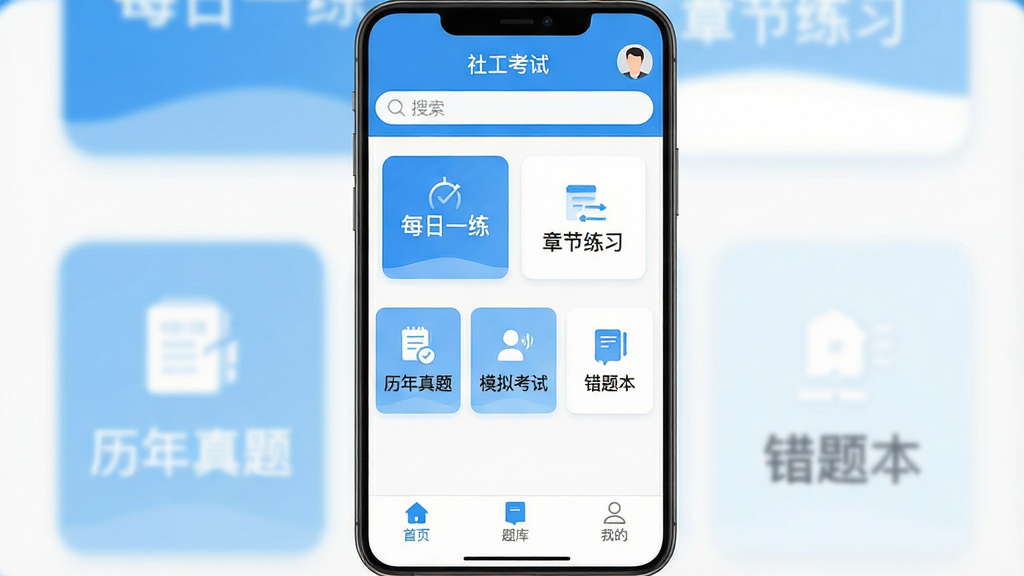 һ���ֻ�Ӧ�ý����ͼ��չʾ���繤���ԡ�App����ҳ�棬���������������û�ͷ���м�����Ŀ�ġ�ÿ��һ�����͡��½���ϰ����ť���·������š��������⡱��ģ�⿼�ԡ������Ȿ���ȹ��ܿ�Ƭ���ײ��������С���ҳ������⡱���ҵġ�����ѡ�����ɫ��Ϊ���µ�����ɫ������ɾ����࣬�޹�浯����������������������Ϊ���ģ��޶���Ԫ��