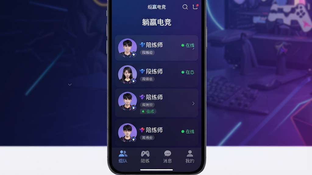 һ��չʾ�ֻ�Ӧ�ý����ͼƬ�����������ǡ���Ӯ�羺��APP����ҳ�������ǵ羺������ɫ���䣬��ҳ����ʾ������ʦͷ���б�����λ��ǩ������״̬���ײ��С���ӡ�������������Ϣ�����ҵġ��ĸ�������ť���������ִ���࣬����ɫ��Ϊ�������������ɾ����޶���Ԫ��