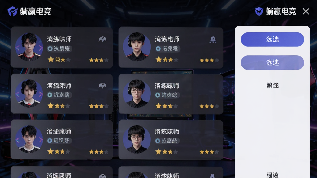 һ���羺����APP��ƥ����棬��������ʾ�Ŷ�λ����ʦ�Ŀ�Ƭʽ�б���ÿ�ſ�Ƭ����ͷ����Ϸ���ơ���λͼ��������Ǽ��������Ҳ���ɸѡ��ť����������ɫ�羺������������ɶ������ʸɾ��޶���Ԫ�أ�ͼƬ�д��С���Ӯ�羺�������ֱ�ʶ