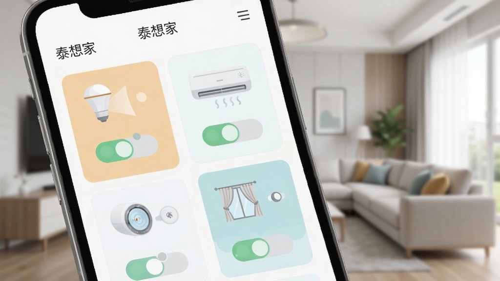 �ֻ���Ļ��д��չʾ��̩��ҡ�APP�������棬���������������Ŷ��������豸�Ŀ��ƿ�Ƭ���������ܵơ��յ��������ȣ�ÿ����Ƭ�϶��������Ŀ���״̬�͵��ڰ�ť���������黯���ִ��Ҿӻ���������ƽ����ƣ�ɫ����ͣ����ʸɾ��޶���Ԫ�ء�