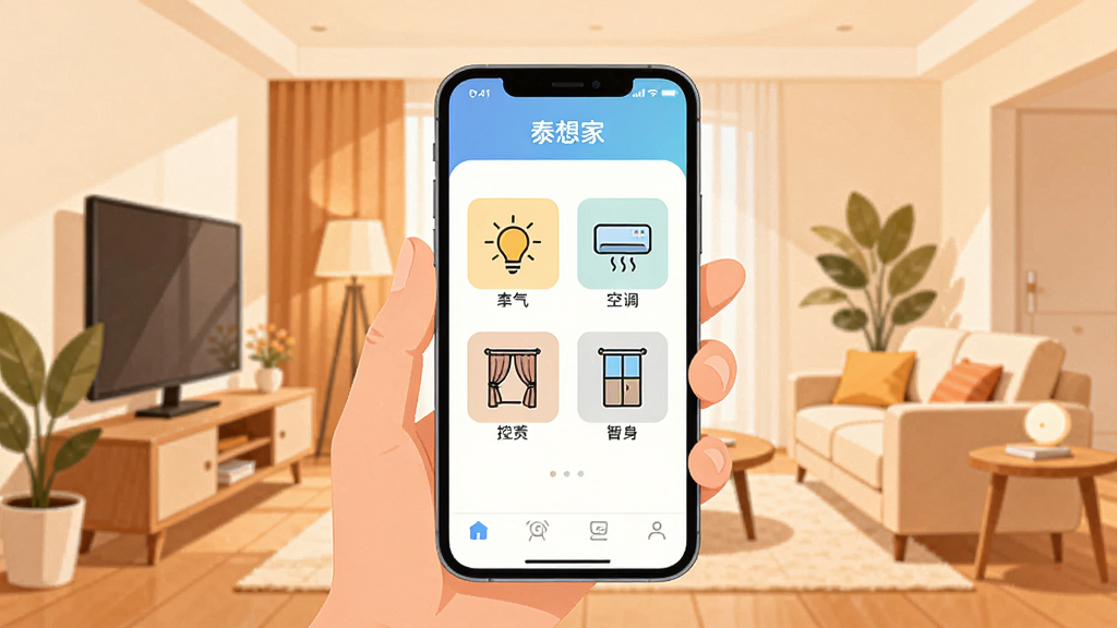 һ��չʾ���ܼҾӿ��Ƴ����Ĳ�ͼ�������������ֻ���Ļ��ʾ�š�̩��ҡ�APP����ˬ���ƽ��棬�����еƹ⡢�յ���������ͼ�꣬��Χ��������ܰ���ִ�������������������죬ɫ����ů�����������ɾ����޶���Ԫ�ء�