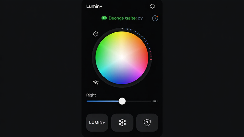 Lumin+ ����ƿ���App�����棬��ɫ������������ʾ�豸����״̬���м���Բ��ɫ�µ����̺����Ȼ��������ײ��г���ģʽ��ݰ�ť���������ִ���࣬�Ƽ���ǿ�����ʸɾ��޶���Ԫ��