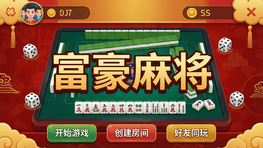 һ��չʾ�ֻ��齫��Ϸ�������ͼƬ�����������ǡ������齫���ĸ����֣�������ϲ��ĺ�ɫ���ɫ���䣬����Ϊ������ʾ���ͷ��ͽ���������м����齫������ǽ���ײ��С���ʼ��Ϸ�������������䡱��������ͬ�桱������ť���Ű����������Ϊ�ִ���ƽ����ƣ�ϸ���ϴ����齫�ƺ�����Ԫ�أ����ʸ��壬�ɾ��޶���Ԫ��