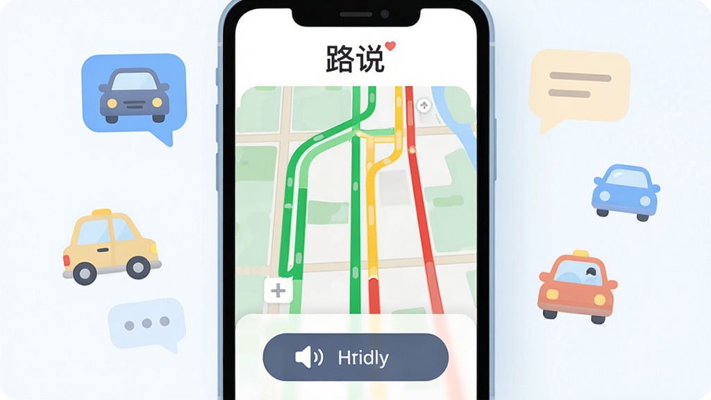 һ���������ֻ���Ļ��д����Ļ����չʾ�š�·˵��App��ʵʱ·����ͼ���棬��ͼ������ɫ����ɫ����ɫ��·���������ײ�������������ť����Χ�����ż�����ͨ���������ͶԻ�����ͼ�꣬���ּ������������ִ���ƽ����ϸ��Բ�󣬻��ʸɾ����޶���Ԫ��