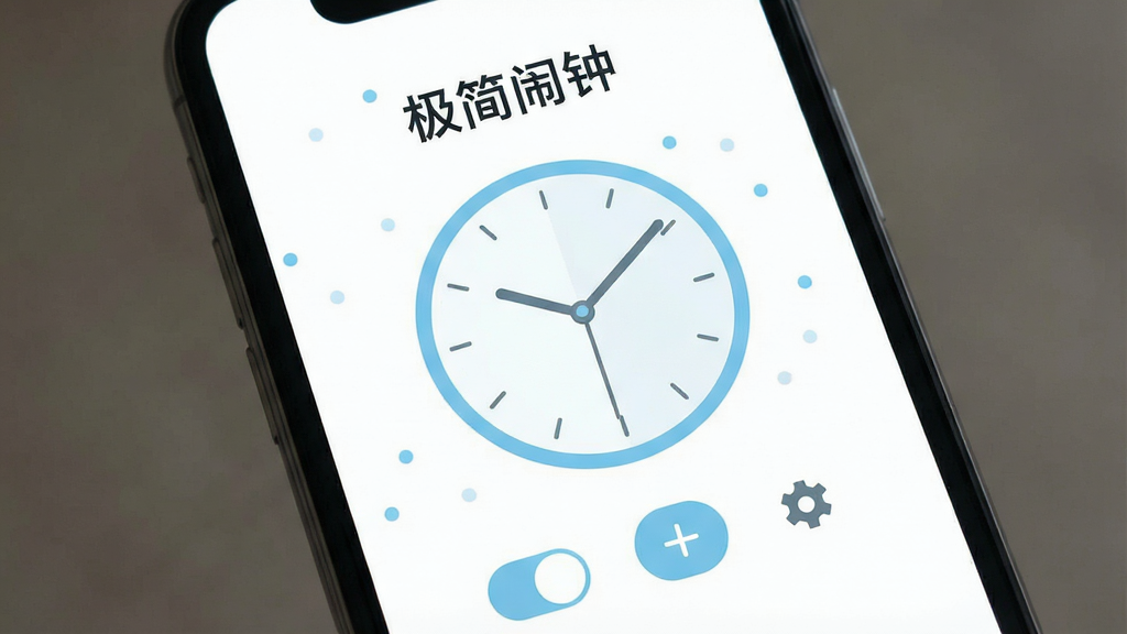 极简闹钟应用主界面展示,画面中央是一个简洁的圆形时钟表盘,白色背景搭配浅蓝色点缀,屏幕上方显示“极简闹钟”四个字,下方排列着闹钟开关、添加按钮和设置图标,整体布局干净清爽,扁平化设计风格,手机屏幕展示视角,画质清晰无多余元素