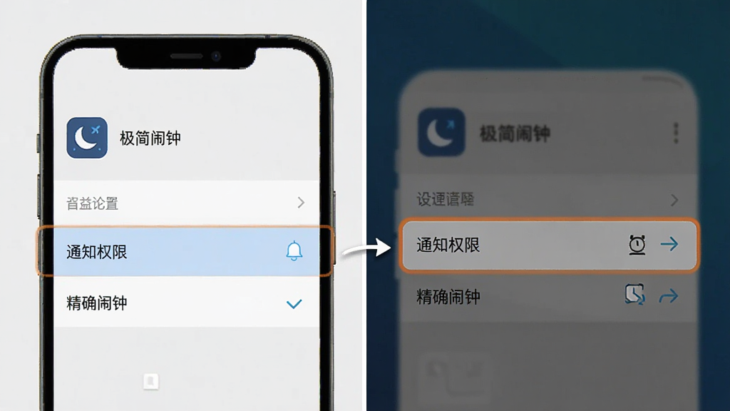 极简闹钟权限设置操作示意图,手机屏幕显示应用权限管理页面,高亮标注“通知权限”和“精确闹钟”两个选项,界面中有“极简闹钟”应用图标和名称,背景为系统设置界面风格,清晰展示操作步骤,画质干净整洁