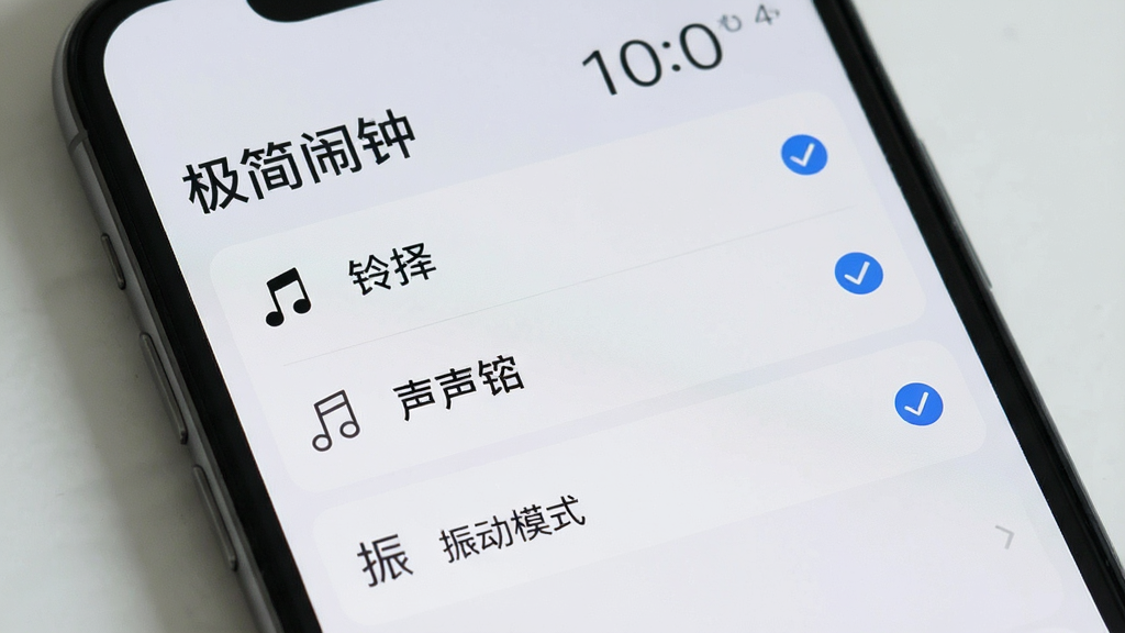 极简闹钟铃声设置界面,手机屏幕显示铃声选择列表和振动模式选项,界面中有“极简闹钟”字样,背景为浅灰色,列表项带有音符图标和勾选标记,风格简洁明快,布局清晰,画质干净无杂乱元素
