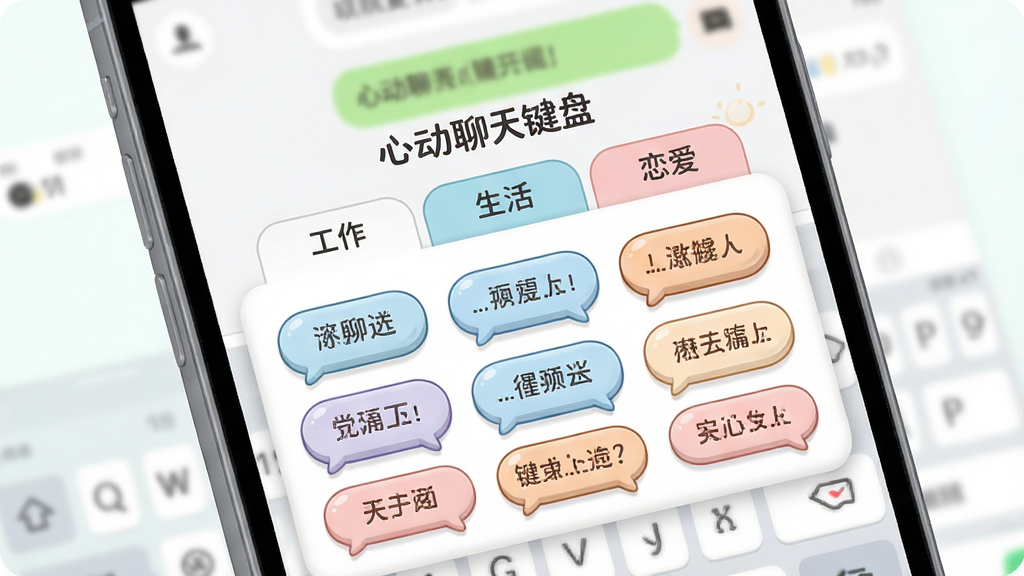 一张展示“心动聊天键盘”快捷回复功能的图片,主体是手机屏幕特写,屏幕中间是“心动聊天键盘”的快捷短语面板,布局分为工作、生活、恋爱三个标签页,每个标签页下有几个气泡按钮,排版整齐,风格是清新的卡通插画风,细节上按钮有轻微立体感,背景有模糊的聊天界面,画质干净,无多余元素