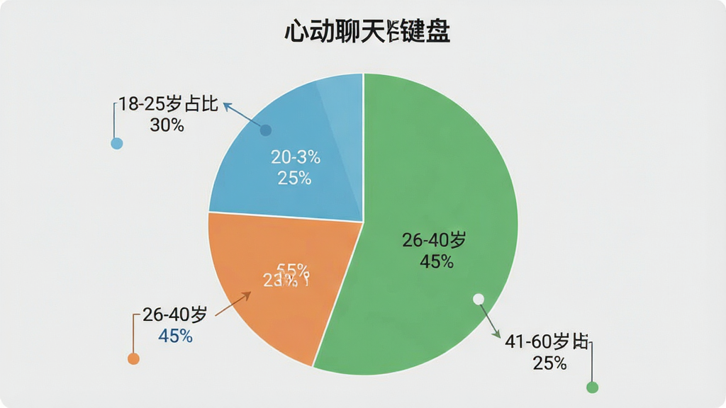 一张展示“心动聊天键盘”用户年龄分布的饼状图,主体是饼状图,布局是圆形分割,排版清晰,风格是扁平化数据图表,细节上标注18-25岁占比30%,26-40岁占比45%,41-60岁占比25%,背景是浅灰色,画质干净,无多余元素