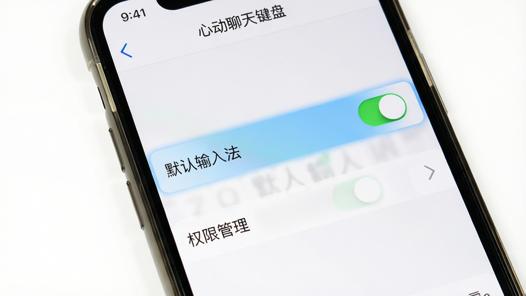 一张展示“心动聊天键盘”设置界面的图片,主体是手机屏幕,布局是设置菜单列表,排版是纵向排列,风格是简洁实用风,细节上高亮显示“默认输入法”开关和“权限管理”选项,背景是纯白色,画质干净,无多余元素