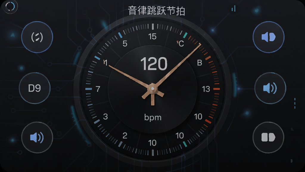 ������Ծ���ĸ߾��Ƚ��������ܽ��棬����չʾһ��Բ�ν��������̣�ָ��ָ��120bpm����Χ���ĺ�ѡ��ť����ɫ�л�ͼ�꣬��������ɫģʽ�µĿƼ��н��棬���ּ�࣬����ִ�������������ͼƬ�д��С�������Ծ���ġ�����
