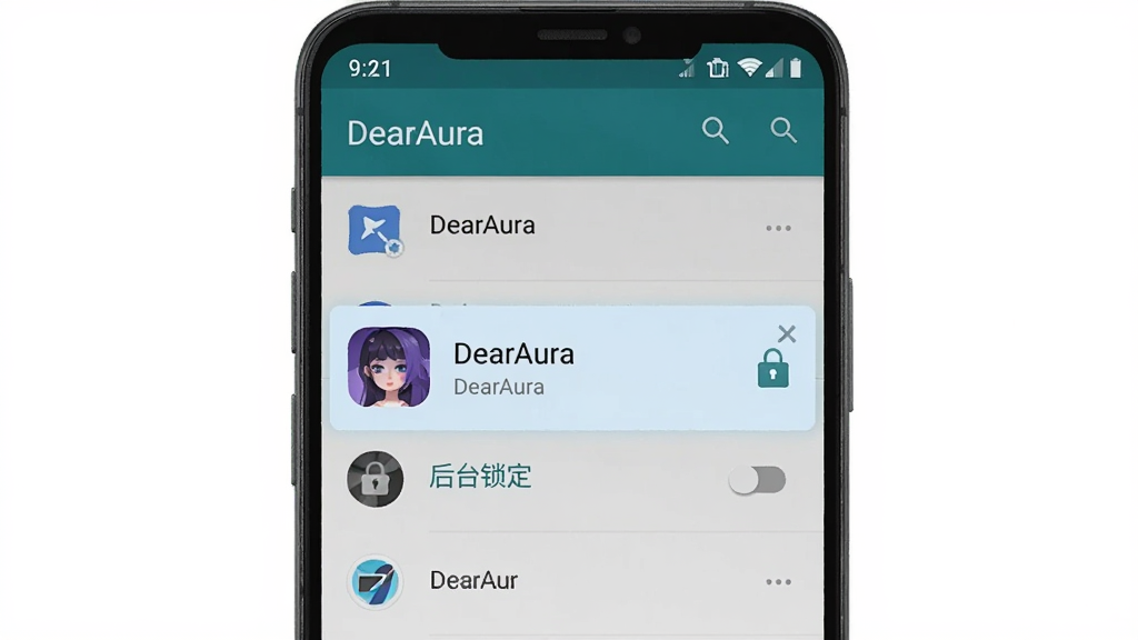 һ��չʾ���ֻ����ý�����ΪDearAura����Ӧ�����ͺ�̨����Ȩ�޵�ʾ��ͼ���������ֻ���Ļ��ʾ��Ӧ�ù����б���DearAuraͼ�걻�������Ա�������ͼ��͡���̨���������أ�������Ϊ��׿ԭ�����ý��棬�����������޶���Ԫ��