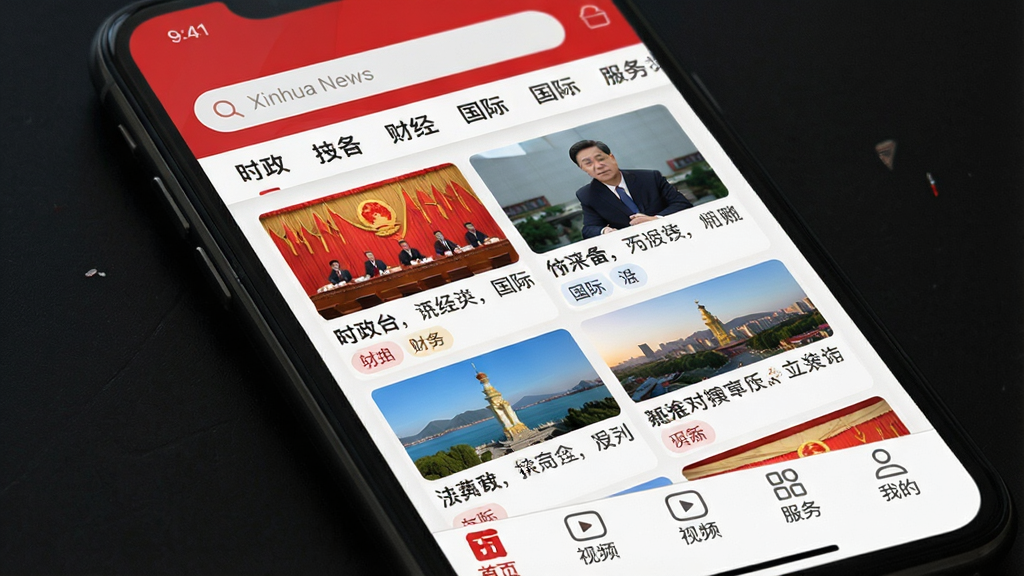 һ���ֻ���ĻչʾXinhua News���ſͻ��������棬������������Ƶ�����������ɼ����м���ͼ�Ĳ�ï��������Ϣ����Ƭ������ʱ�����ƾ������ʵȷ����ǩ���ײ�Ϊ��ҳ����Ƶ�������ҵ��ĸ�ѡ���������ú����ɫ������ɾ����࣬����ִ�רҵ�����������޶���Ԫ�ء�