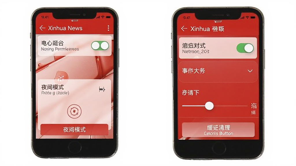 һ���ֻ�չʾXinhua News���ý��棬��Ļ��������ע֪ͨȨ�޿��ء�ҹ��ģʽѡ������С���ڻ���ͻ���������ť��������ú�ɫ����ɫ�����ֹ����������ʵ�ã����ʸɾ���
