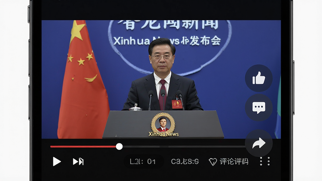 �ֻ���ĻչʾXinhua News��Ƶ���Ų��Ž��棬���������ڲ������ŷ������ֳ�ֱ�����ײ��в��Ž�������������ѡ��Ҳ������������۷�����ť������Ϊ��ɫģʽ������ִ���ࡣ