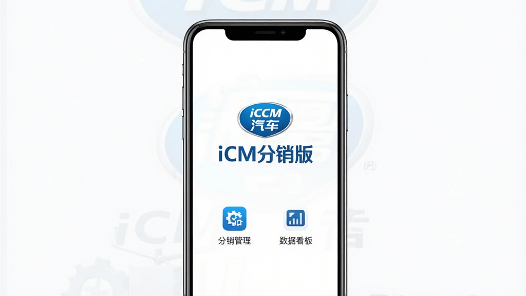 һ��չʾiCM�������ֻ�Ӧ���������ͼƬ������������һ�������ֻ�����Ļ��������ʾ��iCM�����桱������ҳ�棬ҳ�汳��Ϊ�ɾ��İ�ɫ���м�����ɫ�ĸ���������־�͡�iCM�����桱�������·��С������������͡����ݿ��塱��������ͼ�꣬���������ִ������������ɾ����޶���Ԫ�ء�