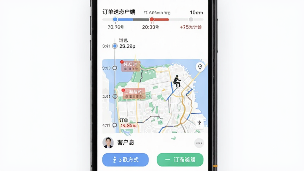 �������̻���ʵʱ����׷��ҳ�棬����Ϊ�ֻ���Ļ��ʾ����ʱ�������ͼ�켣�������Ϸ��Ƕ���״̬���������м��������ƶ��켣��ͼ���·��ǿͻ���Ϣ����ϵ��ʽ��ť���Ű��������У����������ϸ����ʱ��ڵ���Բ���ע����ʱ������죬���ʸɾ��޶���Ԫ��
