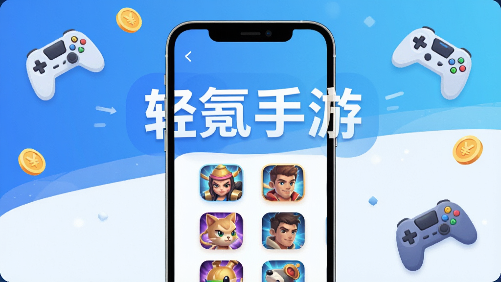 一张展示轻氪手游APP主界面的横版概念图,画面中央是手机屏幕,屏幕内显示“轻氪手游”四个大字以及下方排列整齐的游戏图标,背景是清爽的蓝白渐变科技风,有零星的游戏手柄和金币元素漂浮,主体突出,布局居中,风格现代扁平,细节圆润,画质干净,无多余元素