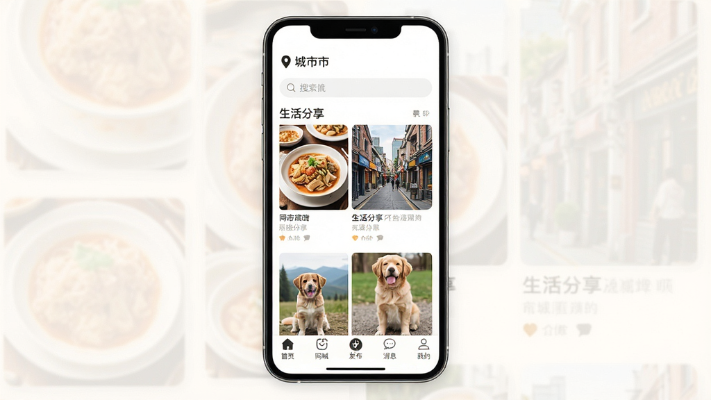 һ��չʾ�ֻ���Ļ��ͼƬ����Ļ���ǡ����App�������棬������Ƽ�������������г��ж�λ�����������м����ٲ���ʽ�����������Ƭ��������ʳ���־���������Ƭ���ײ�����������ҳ��ͬ�ǡ���������Ϣ���ҵ����ͼ�꣬��������ܰ�ִ������������ɾ����޶���Ԫ�ء�