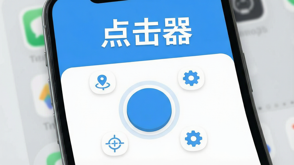 一张手机屏幕截图,画面中央是一个简洁的自动点击工具操作界面,主色调为清新的蓝白色,界面正上方有