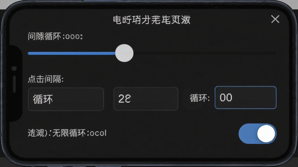 一张手机屏幕截图,画面中显示一个自动点击工具的参数设置面板,面板上有滑动条用来调节点击间隔,有数字输入框显示循环次数,有开关按钮控制无限循环,界面配色为深色模式,文字标签清晰,整体布局规整,画质干净无多余元素