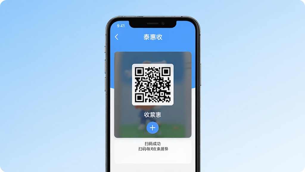 一张展示泰惠收收款功能界面的图片,画面主体是手机屏幕,屏幕中间显示收款二维码和扫码成功提示,顶部有“泰惠收”字样,背景是干净的浅蓝色渐变,风格简洁现代,画质清晰,无多余装饰元素