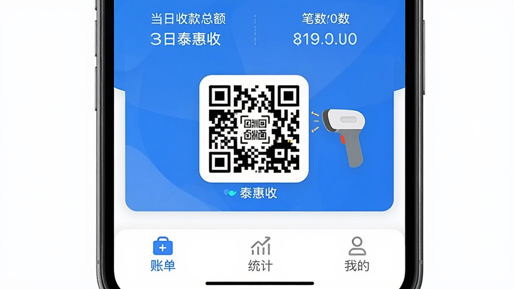 一张手机屏幕展示泰惠收商家收款应用主界面的图片,画面中央是醒目的收款二维码和扫码枪图标,顶部显示当日收款总额和笔数,底部有账单、统计和我的三个选项卡,整体以蓝白配色为主,风格现代扁平,细节圆润,画质干净清晰,无多余元素,图中带“泰惠收”文字