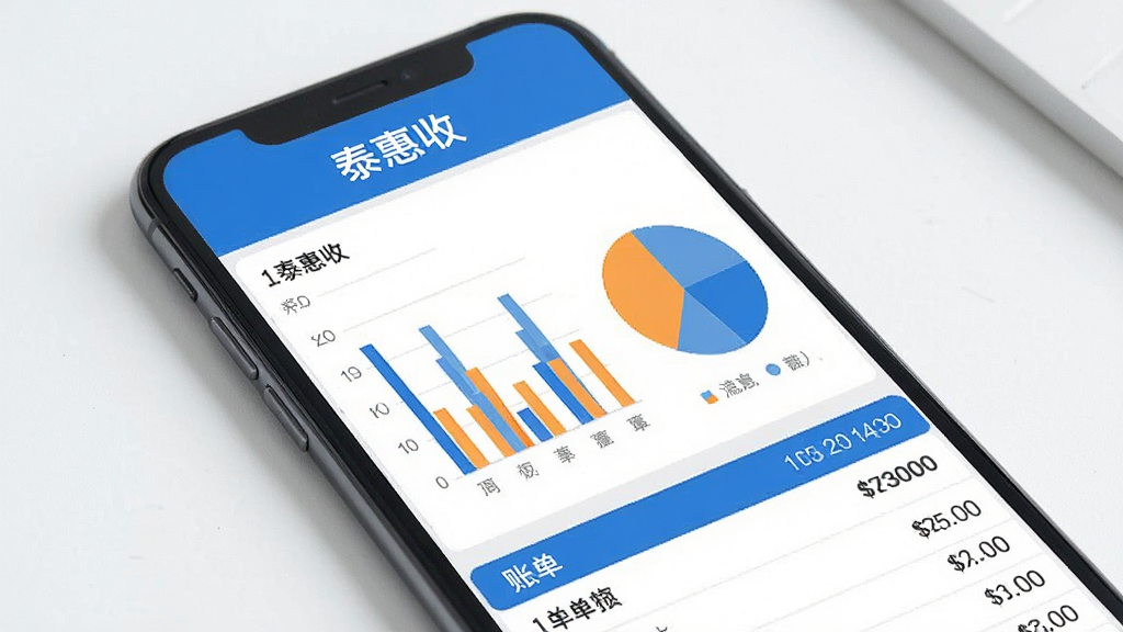 一张展示泰惠收数据统计页面的图片,画面中手机屏幕显示柱状图和饼状图,图表颜色以蓝色和橙色为主,顶部有“泰惠收”标识,底部有账单列表,背景干净整洁,风格商务简约,画质清晰,无多余元素
