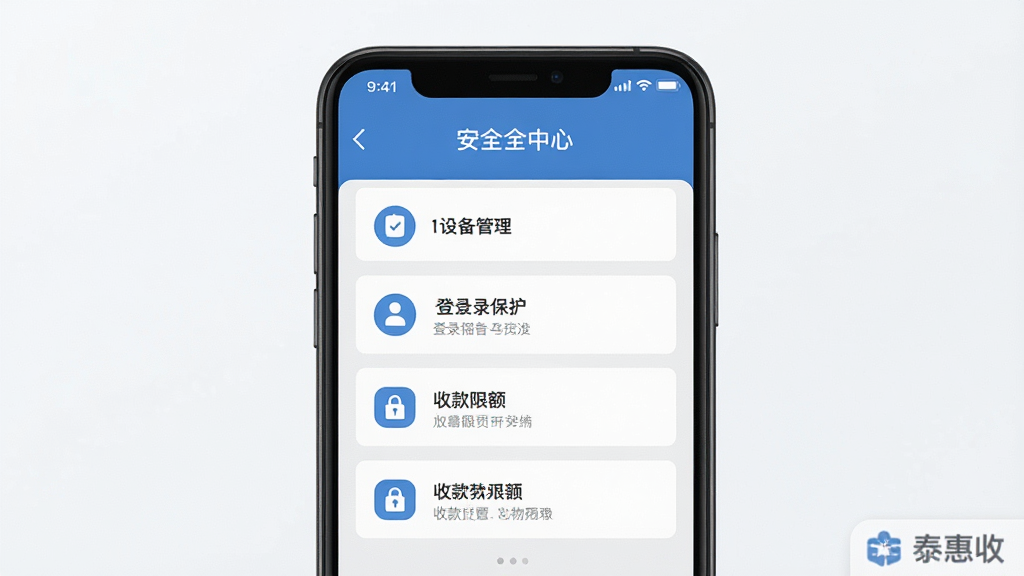 一张展示泰惠收安全设置页面的图片,画面中手机屏幕显示安全中心界面,有设备管理、登录保护、收款限额等选项,图标设计简洁,以蓝色和灰色为主色调,背景干净,风格专业可靠,画质清晰,无多余元素