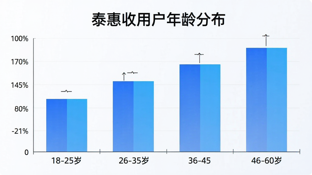 一张展示不同年龄段用户使用泰惠收的柱状图,横轴为18-25岁、26-35岁、36-45岁、46-60岁四个年龄段,纵轴为用户占比,柱子颜色为蓝色渐变,图表上方有“泰惠收用户年龄分布”文字,背景干净,风格商务,画质清晰