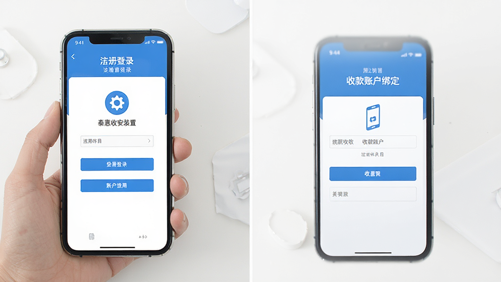 一张展示泰惠收安装设置流程的图片,画面中手机屏幕显示注册登录界面和收款账户绑定页面,界面以蓝色和白色为主,图标清晰,布局简洁,风格直观易用,画质干净,无多余元素