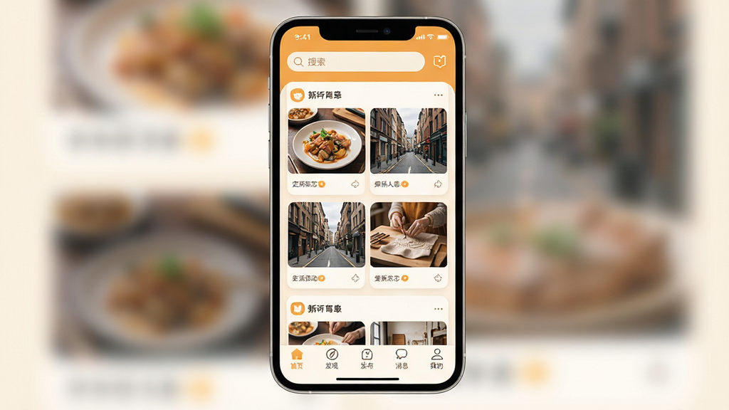 �̻��˼�App������ȫòչʾ�������������ֻ���Ļģ�ͣ���Ļ����ʾApp��ҳ������������������Ϣͼ�꣬�м����ٲ���ʽ�����̬��Ƭ����Ƭ������ʳ���־���������ͼƬ���ײ�����������ҳ�����֡���������Ϣ���ҵ����ͼ�꣬����ɫ����ů��ͣ����װ׺��ٻ�Ϊ�������������������ܰ������ϸ�ھ��£����ʸɾ��������޶���Ԫ��