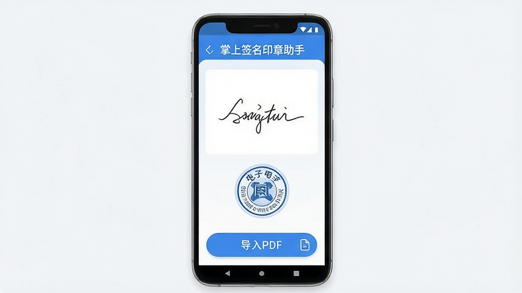 一张展示掌上签名印章助手核心功能的手机应用界面截图,画面中央是一部竖屏安卓手机,屏幕内显示手写签名区域、圆形电子印章图章和导入PDF文档的按钮,界面以蓝白配色为主,布局清晰,风格简洁现代,细节圆润,画质干净无多余元素,文字标注“掌上签名印章助手”