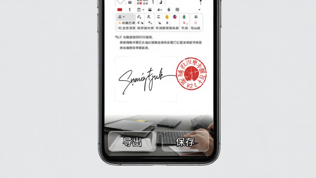 掌上签名印章助手PDF签名操作界面,手机屏幕中显示一份打开的PDF文档,文档页面上有一个已经放置好的手写签名和红色印章,底部工具栏有导出和保存按钮,背景为浅灰色,风格办公实用,画质清晰无多余元素