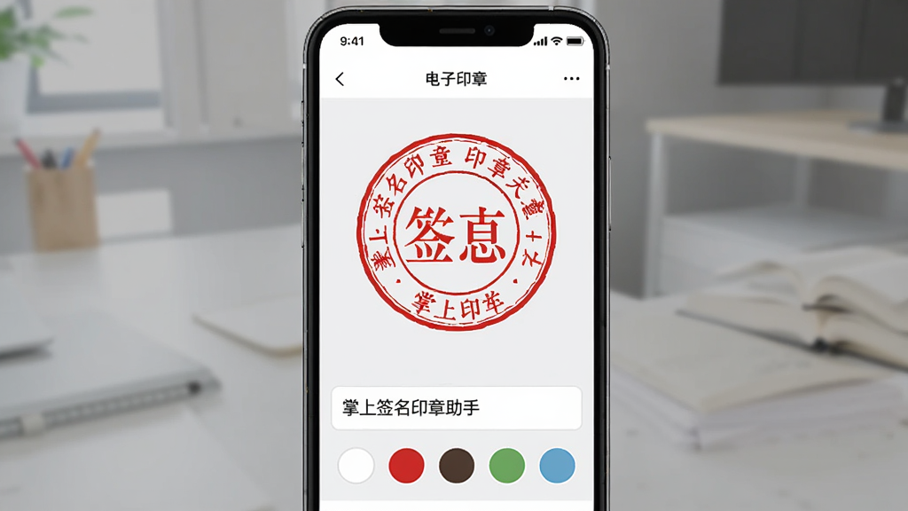 掌上签名印章助手电子印章制作界面,手机屏幕中央显示一个红色的圆形电子印章预览图,印章内圈有文字环绕,下方是印章文字输入框和颜色选择按钮,界面以白色和浅灰色为主,风格商务简洁,画质清晰干净无多余元素