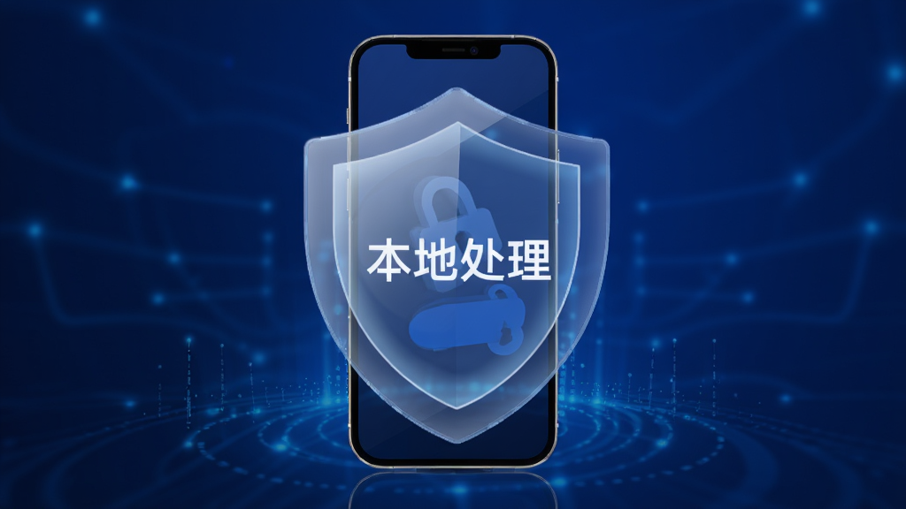 掌上签名印章助手隐私安全功能示意图,画面中央是一部手机,手机周围有一个半透明的盾牌图标,盾牌内显示“本地处理”字样,背景为深蓝色科技感渐变,风格安全可靠,细节简洁,画质干净无多余元素
