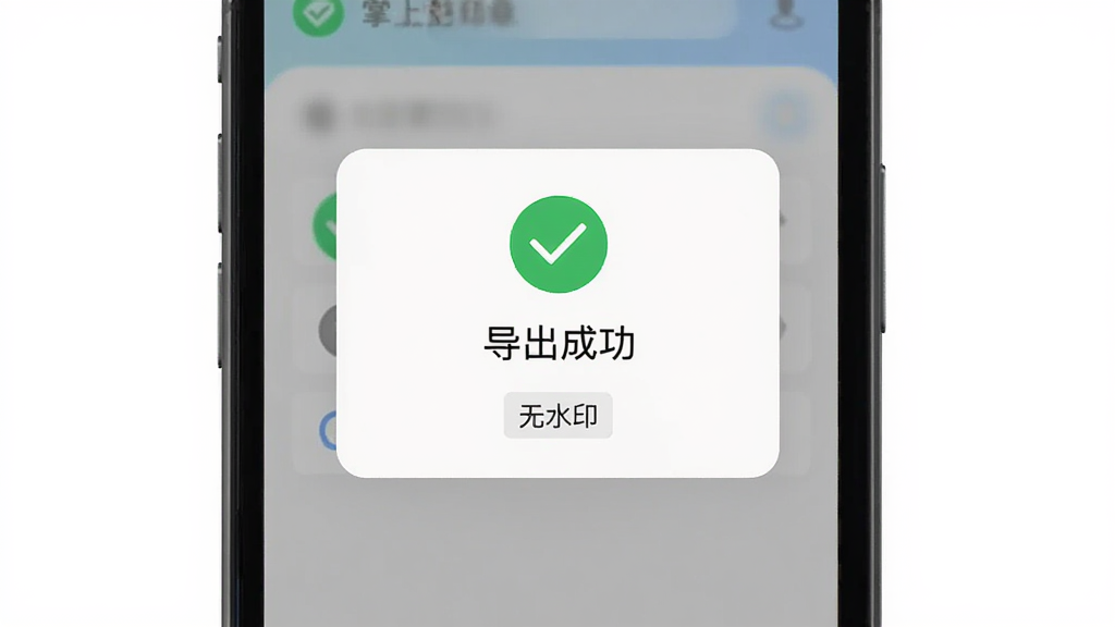 掌上签名印章助手导出功能界面,手机屏幕显示导出成功的提示弹窗,弹窗内有一个绿色的对勾图标和“导出成功”文字,下方是“无水印”标签,背景为浅色界面,风格清爽简洁,画质干净无多余元素