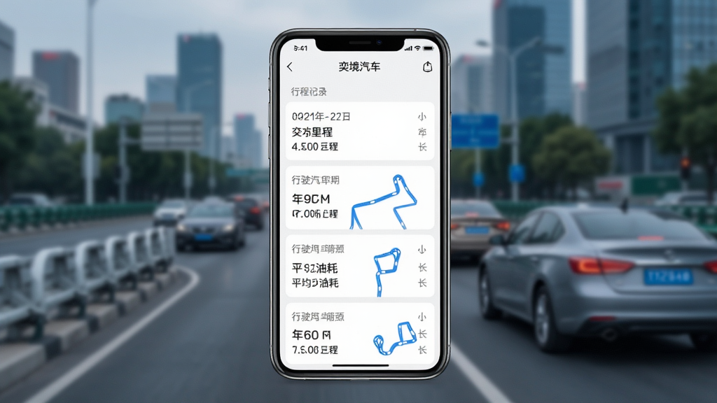 һ��չʾ�Ⱦ�����App�г̼�¼�����ͼƬ�������������ֻ���Ļ��ʾ�г��б���ÿ����¼�������ڡ���ʻ��̡�ƽ���ͺĺ�ʱ����������ģ���ĳ��е�·�ͳ��������ɾ��ִ���ϸ�ڰ�����Ļ������ɫ�������Ƶļ���·��ͼ����������������Ԫ�أ�ͼƬ�����ְ���