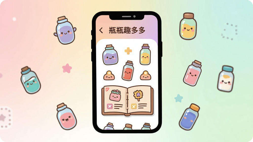 һ��չʾƿƿȤ���App������Ĳ廭���������ֻ���Ļ����ʾ���ֿɰ�ƿ�Ӻ��ռ�ͼ��������Ϊ�ֻ����С���Χɢ���ɫСƿ��ͼ�꣬�Ű������������Ϊ��ƽ����ͨ���ϸ�ڰ���Բ���ͼ�����͵Ľ��䱳�������ʸɾ��޶���Ԫ�أ������д��С�ƿƿȤ��ࡱ����
