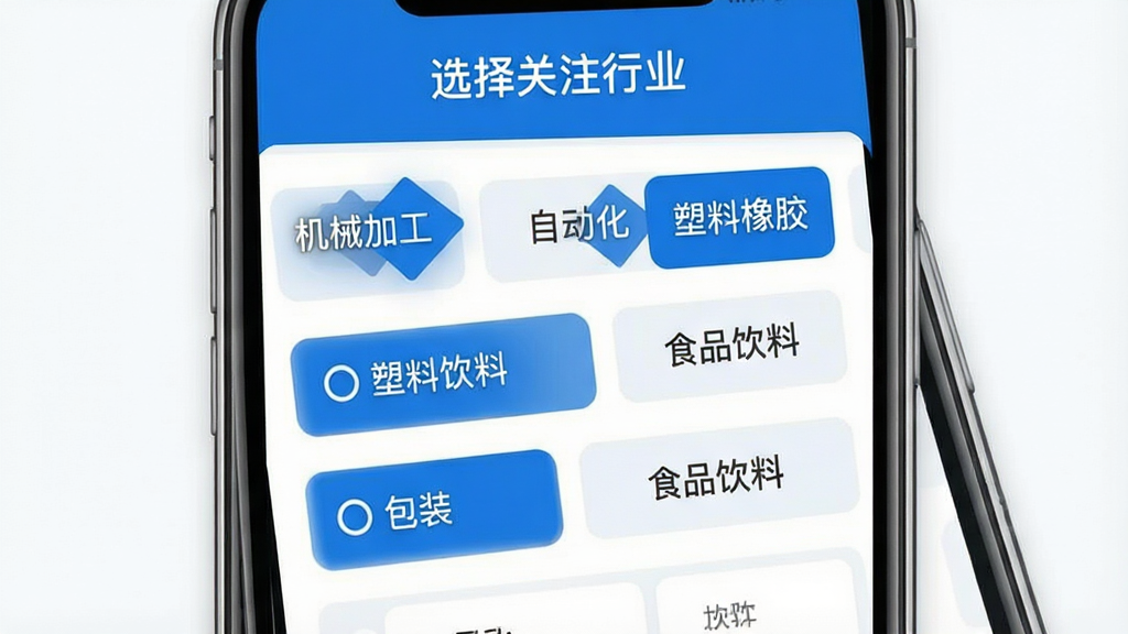 һ��չʾ���ٸ�ҵ��Դ��App���Ի��������ý����ͼƬ���������ֻ���Ļ����Ļ����ʾ��ҵ��ǩѡ��ҳ�棬��ǩ��������е�ӹ������Զ������������𽺡�����װ����ʳƷ���ϡ��ȣ����ֱ�ǩ����ѡ�и���״̬��ҳ�涥���С�ѡ���ע��ҵ�����֣�����Ϊ����״���У�����࣬��ɫ���ף����ʸɾ����޶���Ԫ��