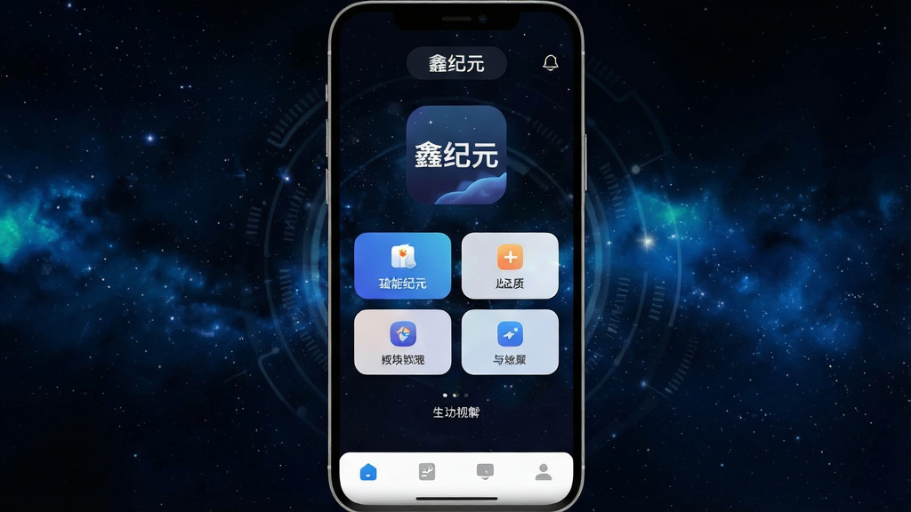 一张展示手机应用主界面的图片,画面中央是名为“鑫纪元”的应用图标与启动界面,背景为深色科技感星空,界面布局简洁,顶部显示应用名称“鑫纪元”,中间有功能模块入口,底部有导航栏,风格现代扁平,细节圆润,画质干净无多余元素
